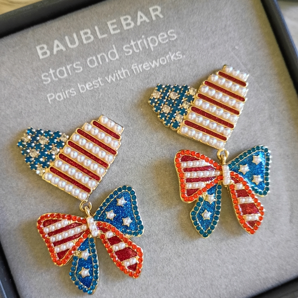 Baublebar Stars and Stripes 4th Of July American Flag Heart & Bow Earrings